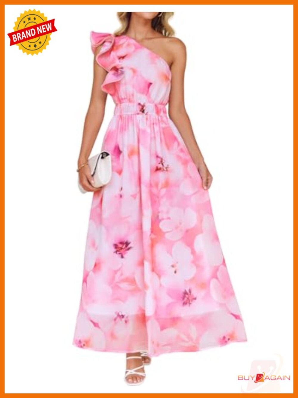 Sleeveless Floral Maxi Dress One Shoulder Ruffle High Waist Chiffon